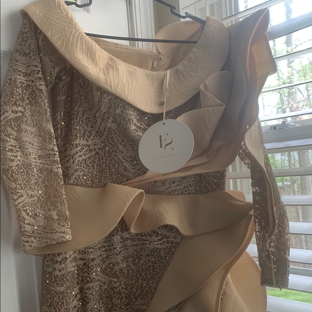 MNM COUTURE/ FOUAD SARKIS Gold Asymmetrical Gown Long Sleeve Wedding